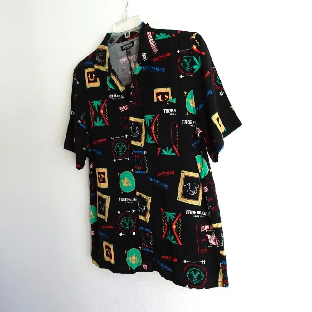 True Religion Button Up Shirt Men's Size M Black Resort Print Resortwear Camp